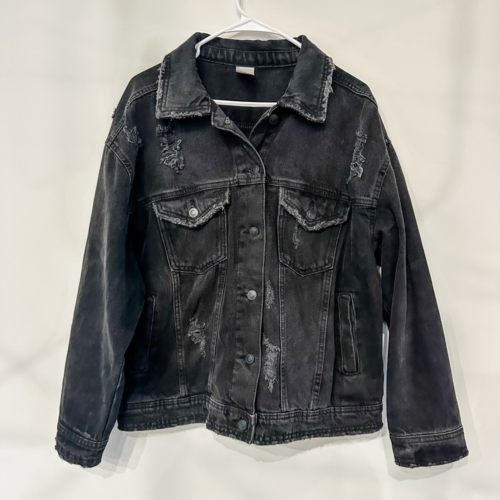 No Boundaries Denim Jean Jacket Womens Sz L‎ 11-13 Black Distressed Grunge
